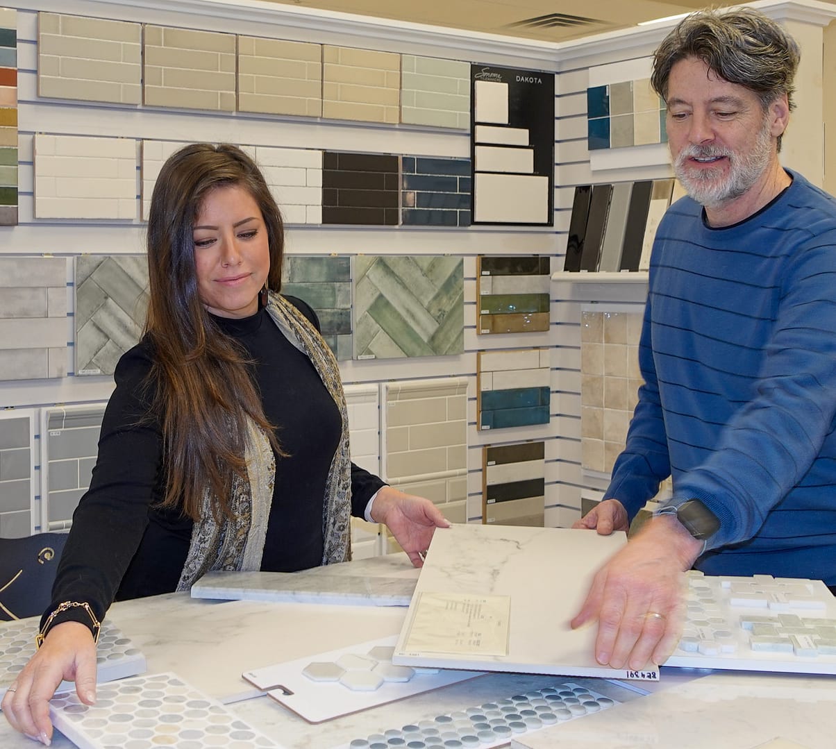 Tile by Design employees select tile for interior designers in their Danvers, MA tile showroom
